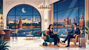 Современная иллюстрация роскошного интерьера пятизвездочного отеля Москвы для гида по элитному жилью 2026 года